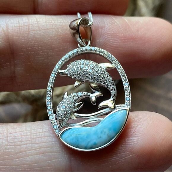 Natural Larimar CZ Dolphin 18k Plated Sterling Silver Necklace - Picture 6 of 8